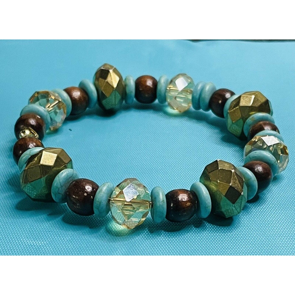Faux Turquoise & Wood Style Beaded Wire Bracelet Casual Career Fashion